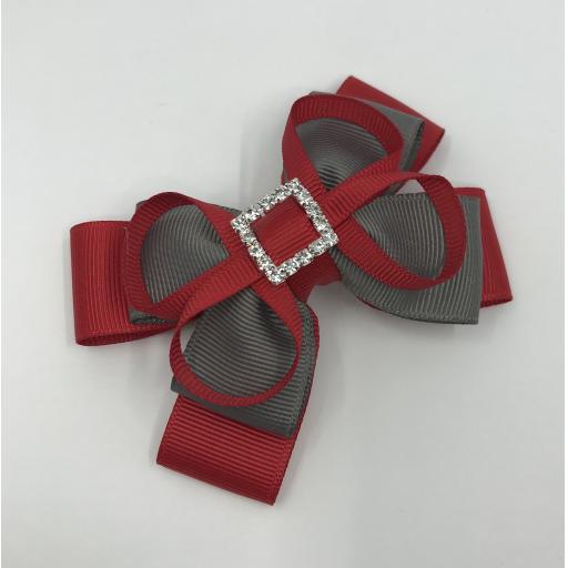 Red and Grey Double Layer Bow with Loops on Clip