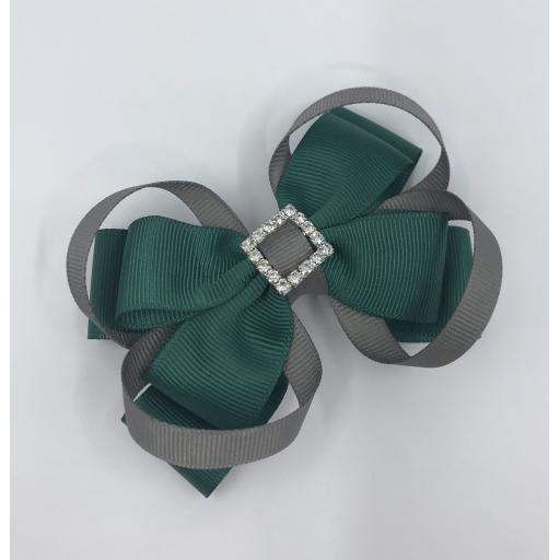Hunter Green Double Layer Bow with Grey Loops on Clip