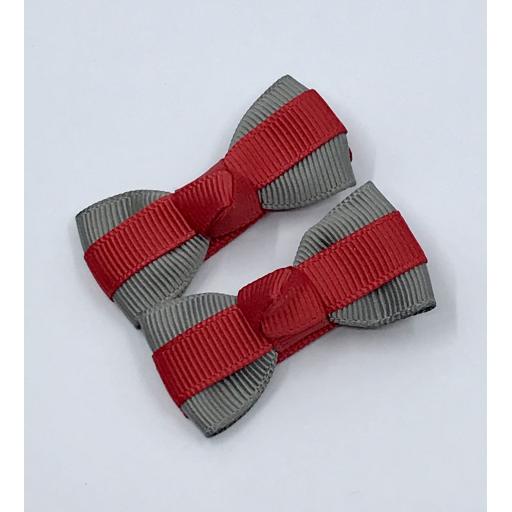 Itty Bitty Red and Grey Bow on Clips (pair)