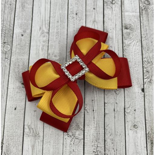 Red and Yellow Gold Double Layer Bow with Loops on Clip