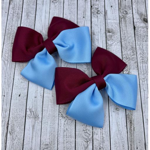 Wine and Blue Double Bows on Clips