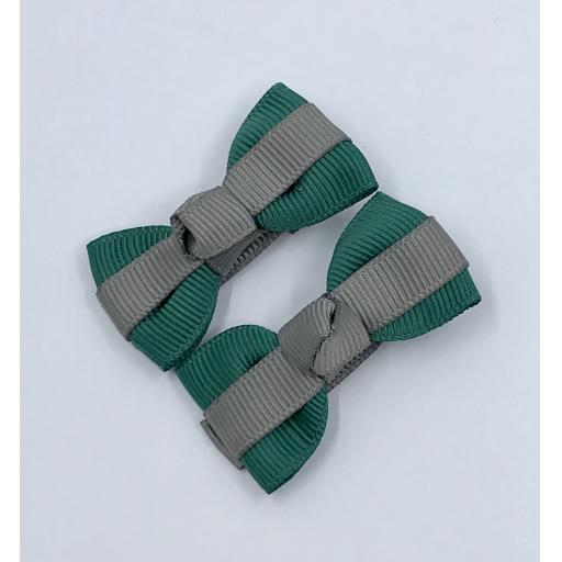 Itty Bitty Hunter Green and Grey Bow on Clips (pair)