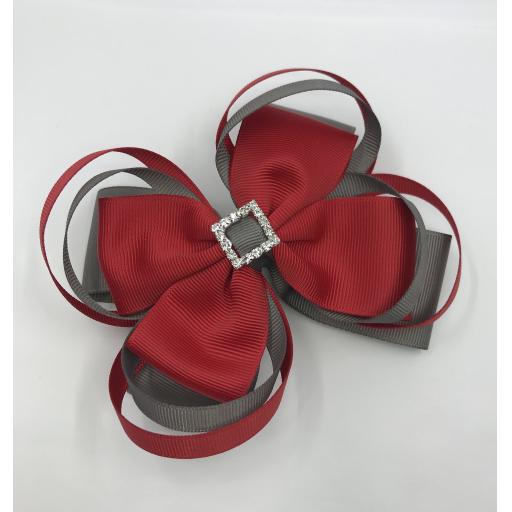 Large 5 inch Red and Grey Double Layer Bow with Double Loops