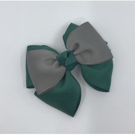 Hunter Green Double Layer Bow with Grey Single Top Layer and Top Knot on Clip