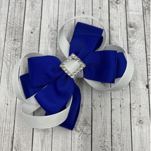 Cobalt Blue Double Layer Bow with White Loops on Clip