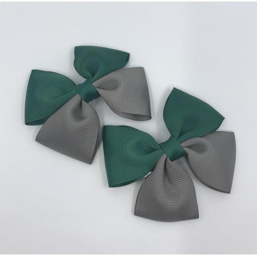 Hunter Green and Grey Double Bows on Clips (pair)
