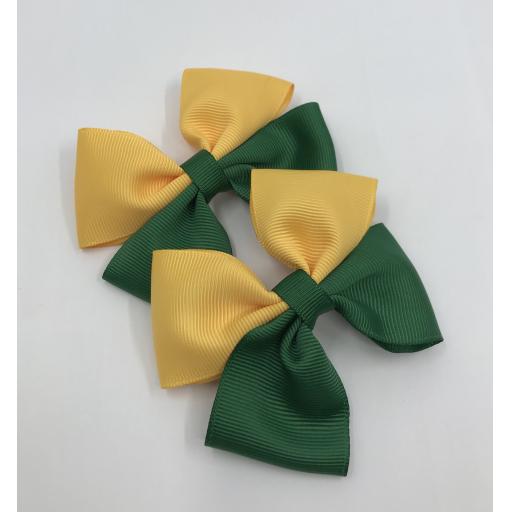 Forest Green and Yellow Gold Double Bows on Clips (pair)