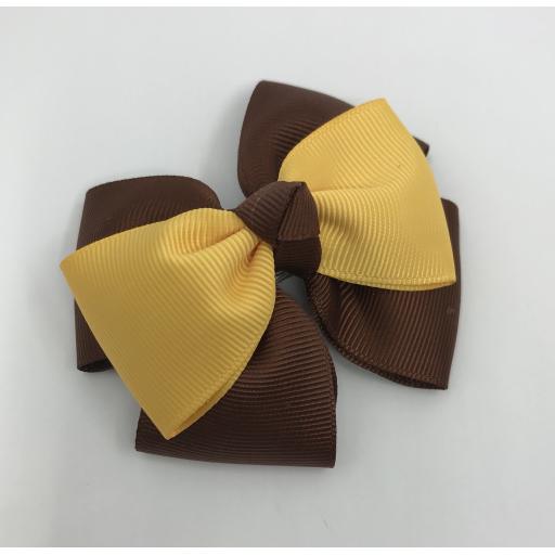 Brown Double Layer Bow with Yellow Gold Single Top Layer and Top Knot on Clip