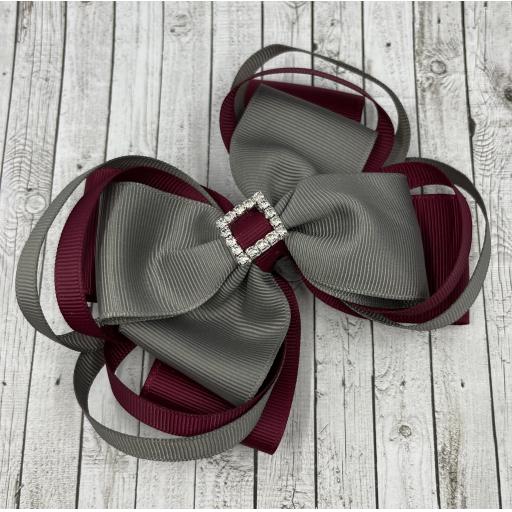 Large 5 inch Wine and Grey Double Layer Bow with Double Loops