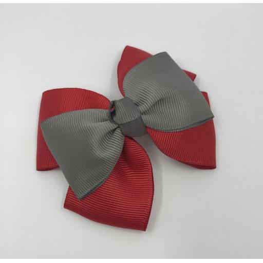 Red Double Layer Bow with Grey Single Top Layer and Top Knot on Clip