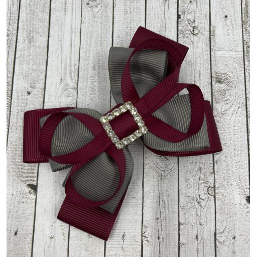 Wine and Grey Double Layer Bow with Loops on Clip