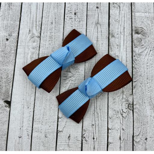 Itty Bitty Brown and Blue Bow on Clips (pair)