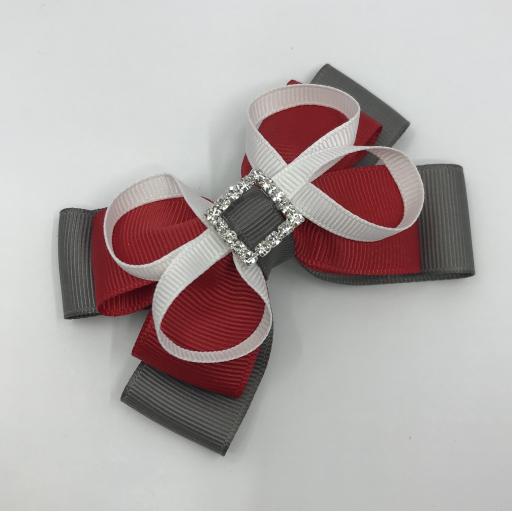 Red, Grey and White Double Layer Bow with Loops on Clip