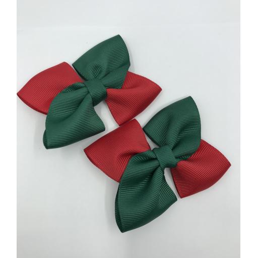 Hunter Green and Red Square Bows on Clips (pair)