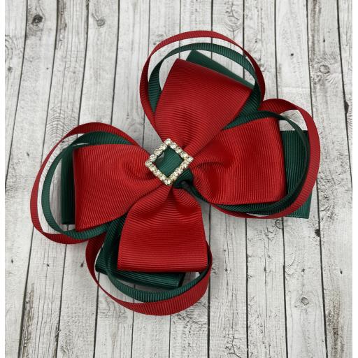 Large 5 inch Hunter Green and Red Double Layer Bow with Double Loops