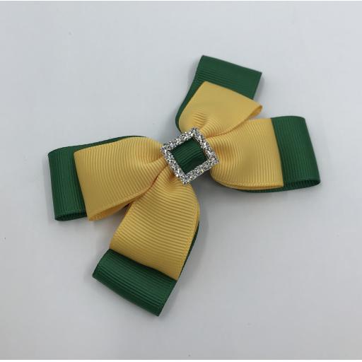 Forest Green and Yellow Gold Double Layer Bow on Clip