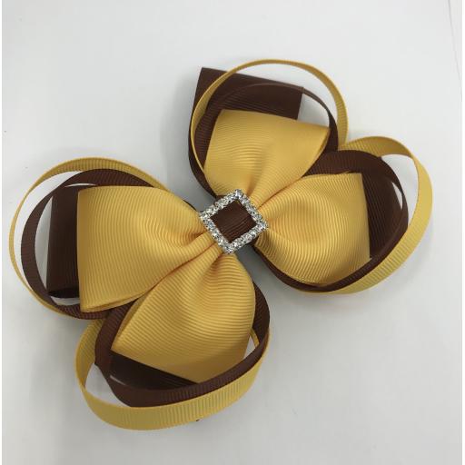 Large 5 inch Brown and Yellow Gold Double Layer Bow with Double Loops