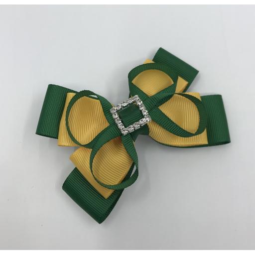 Forest Green and Yellow Gold Double Layer Bow with Loops on Clip