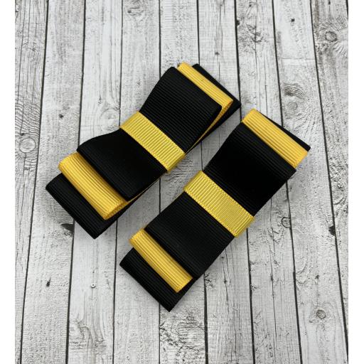 Black and Yellow Gold 3 inch Straight Bows on Clips (pair)