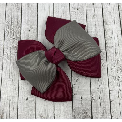 Wine Double Layer Bow with Grey Single Top Layer and Top Knot on Clip