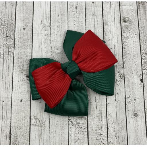 Hunter Green Double Layer Bow with Red Single Top Layer and Top Knot on Clip