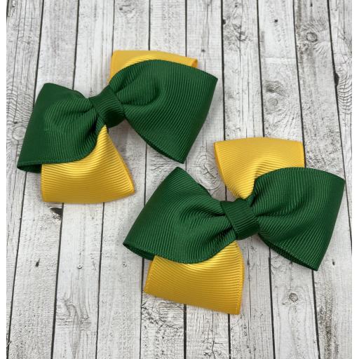 Forest Green and Yellow Gold Diagonal Bows on Clips (pair)