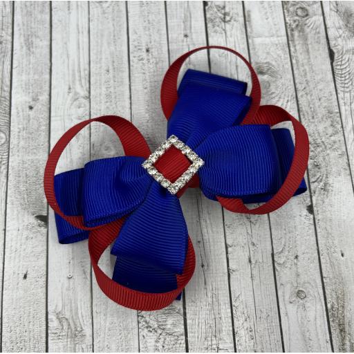Cobalt Blue Double Layer Bow with Red Loops on Clip