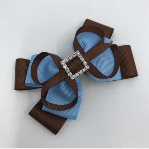 Brown and Blue Double Layer Bow with Loops on Clip