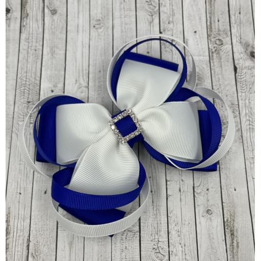 Large 5 inch Cobalt Blue and White Double Layer Bow with Double Loops