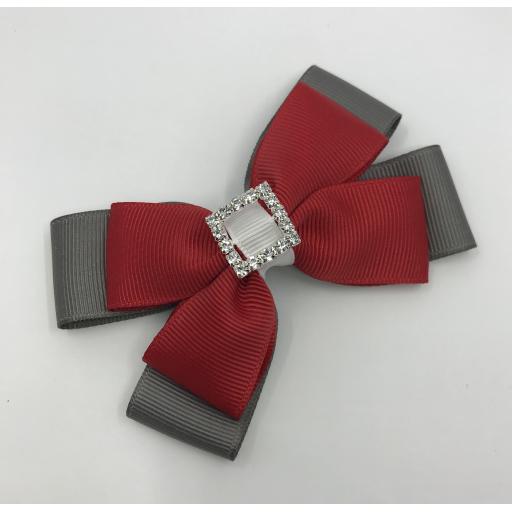 Red, Grey and White Double Layer Bow on Clip 2
