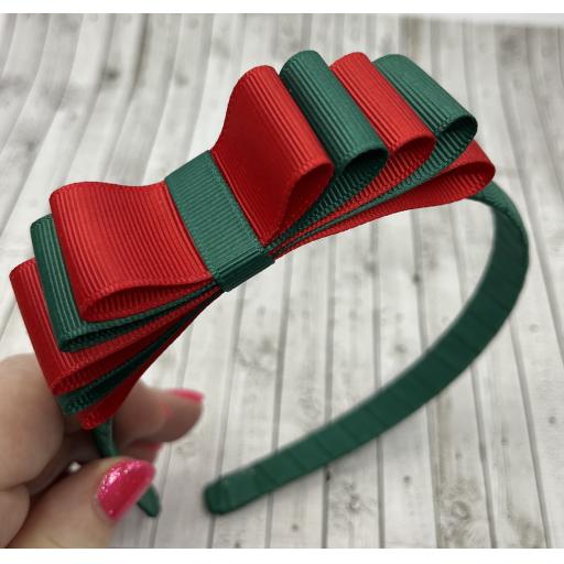 Hunter Green 1.5cm Hairband with 5 Layer Hunter Green and Red Straight Classic Bow