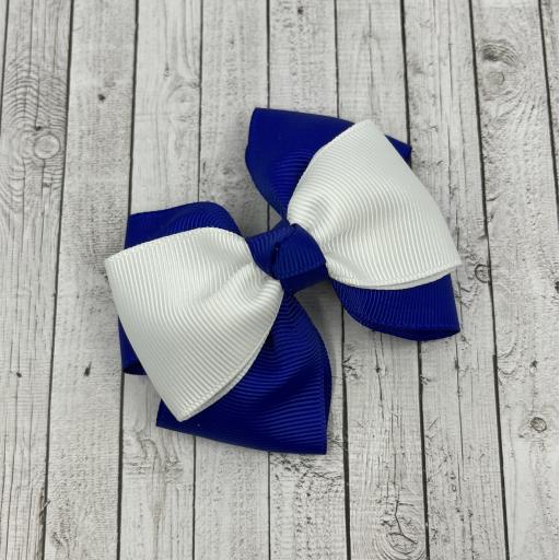 Cobalt Blue Double Layer Bow with White Single Top Layer and Top Knot on Clip