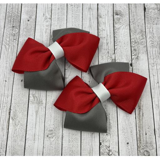 Red, Grey and White Diagonal Bows on Clips (pair)