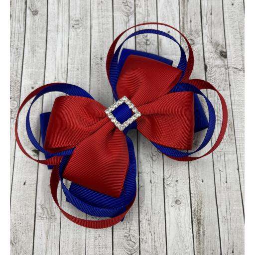 Large 5 inch Cobalt Blue and Red Double Layer Bow with Double Loops