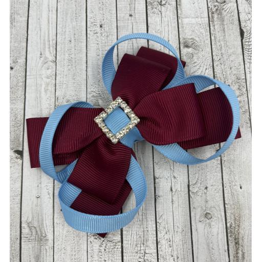 Wine Double Layer Bow with Blue Loops on Clip