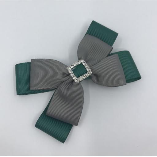 Hunter Green and Grey Double Layer Bow on Clip