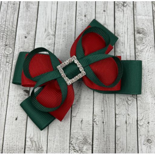 Hunter Green and Red Double Layer Bow with Loops on Clip