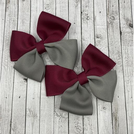 Wine and Grey Double Bows on Clips (pair)