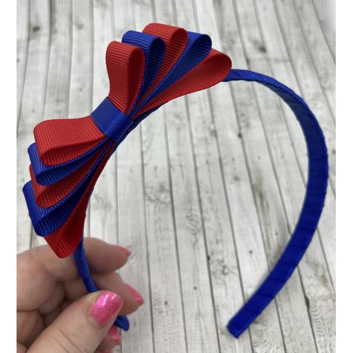 Cobalt 1.5cm Hairband with 5 Layer Cobalt Blue and Red Straight Classic Bow