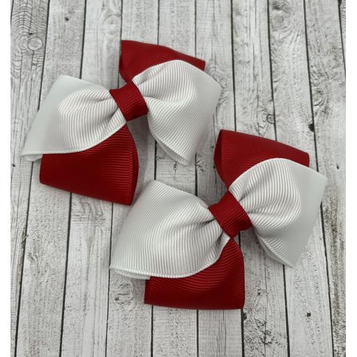 Red and White Diagonal Bows on Clips (pair)