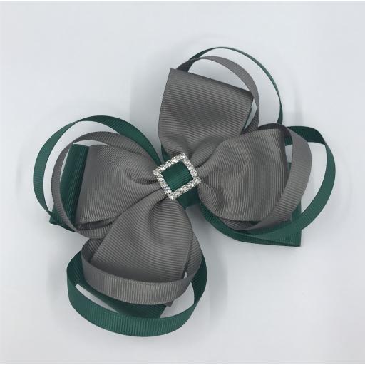 Large 5 inch Hunter Green and Grey Double Layer Bow with Double Loops