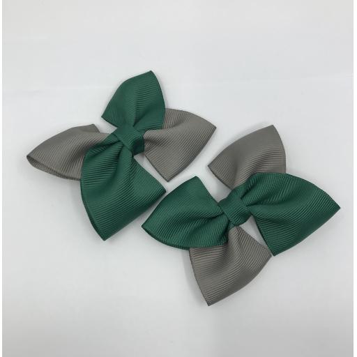 Hunter Green and Grey Square Bows on Clips (pair)
