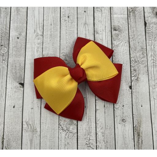 Red Double Layer Bow with Yellow Gold Single Top Layer and Top Knot on Clip