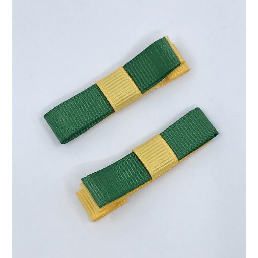 Small Straight Forest Green and Yellow Gold Bow on Clips (pair)