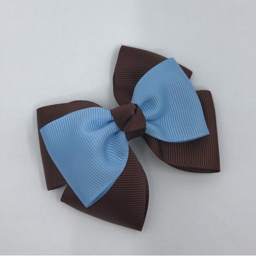 Brown Double Layer Bow with Blue Single Top Layer and Top Knot on Clip