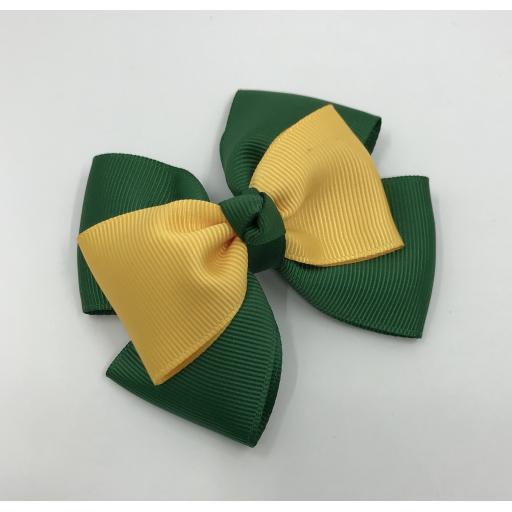Forest Green Double Layer Bow with Yellow Gold Single Top Layer and Top Knot on Clip