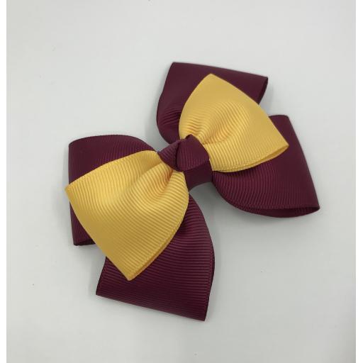Wine Double Layer Bow with Yellow Gold Single Top Layer and Top Knot on Clip