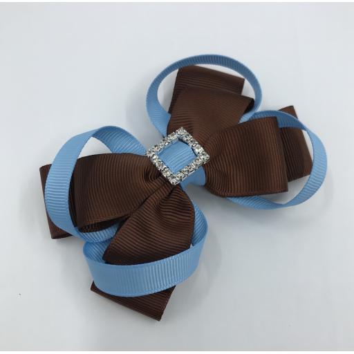 Brown Double Layer Bow with Blue Loops on Clip