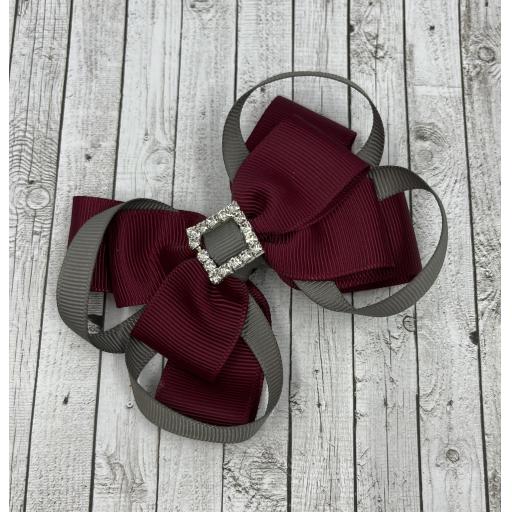 Wine Double Layer Bow with Grey Loops on Clip