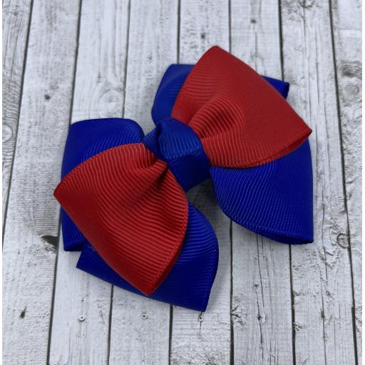 Cobalt Blue Double Layer Bow with Red Single Top Layer and Top Knot on Clip
